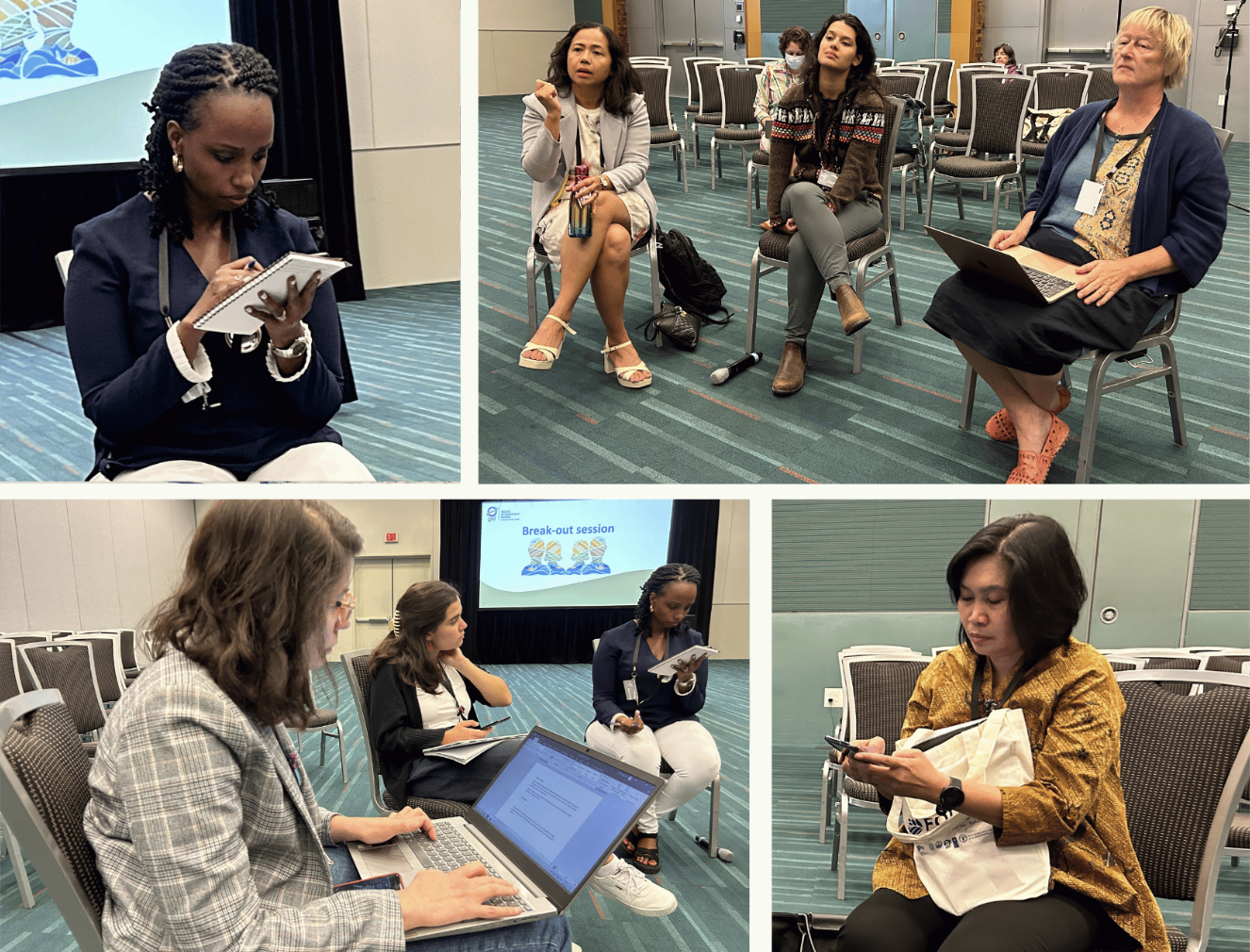 Members of the women's caucus attending the Global Environment Facility Assembly in Vancouver take notes during a meeting. FOLUR/Julie Mollins